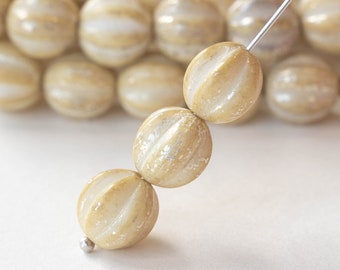 6mm, 10mm, 12mm and 14mm Large Melon Beads - Fluted Round Beads - Czech Glass Beads - Ivory with Mercury Finish