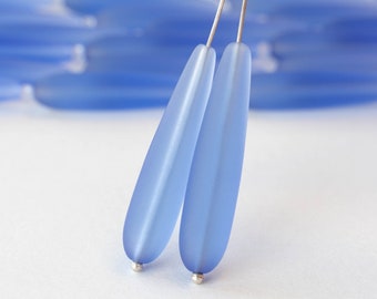 10 Teardrops - 38x8mm Long Teardrops - Cultured Seaglass Beads For Jewelry Making - Frosted Glass Beads - Sapphire Blue Sea Glass Teardrop
