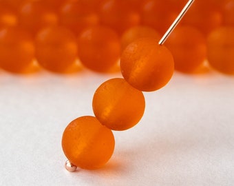 16 Inches - 8mm Round Frosted Glass Beads For Jewelry Making Supply - Recycled Glass Beads - Orange