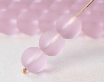 10mm Round Sea Glass Beads For Jewelry Making - Frosted Glass Beads - 10mm Druk Beads - 8 Inch Strand - 21 Beads - Pink