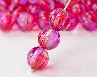 8mm Melon Beads For Jewelry Making - 8mm Round Beads - Czech Glass Beads - Fluted Glass Beads  (25 pieces)  - Pink Magenta Luster AB