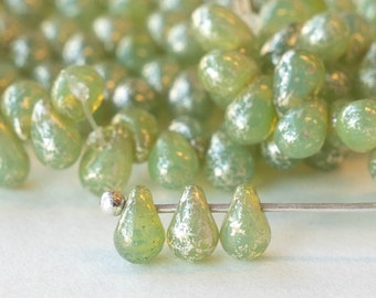 6x4mm Teardrop Beads - Czech Glass Beads For Jewelry Making Supply - 4x6mm Tear Drop Seafoam With Silver Dust (50 beads)