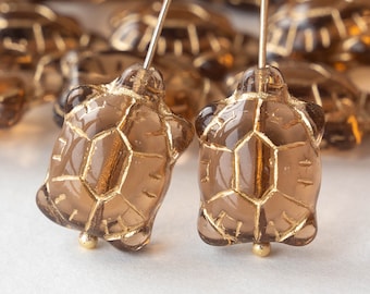 Glass Turtle Beads - Czech Glass Beads - Smokey Topaz with Gold Wash - 6 beads