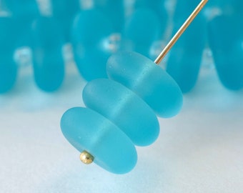 Sea Glass Rondelle - Cultured  Recycled Sea Glass Beads - Jewelry Making Supply - Frosted Glass Bead -  Light Aqua - 28pc - 12x5mm