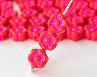 6mm Glass Flower Beads - Czech Glass Beads - Red with Pink Wash - 30 beads