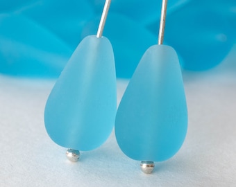 20 - 11x18mm Long Drilled Drops - Czech Glass Beads - Frosted Glass Beads - Aqua Matte - 20 Beads