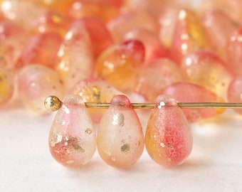 50 - 6x9mm Glass Teardrop Beads For Jewelry Making - Czech Glass Beads - Peach with Gold Dust - Smooth Briolette Beads - 50 beads