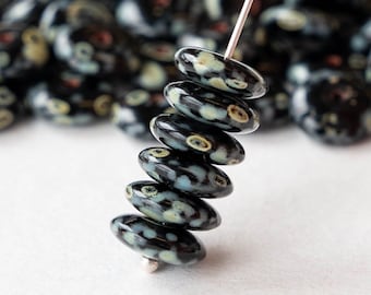 30 - 9.5mm Smooth Rondelle Beads - Czech Glass Beads - Disk Beads - Opaque Black Picasso - 30 beads