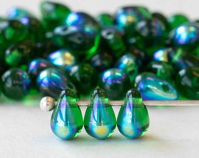 100-Piece Czech Glass Beads – 4x6mm Teardrop Green Semi-Transparent, 1mm Hole For Jewelry Making