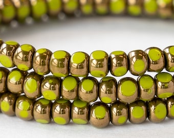 50 - Size 6/0 Seed Beads - 4x3mm Trica Beads - 3 Cut Picasso Seed Beads - Lime Green With Bronze - 6 Inches