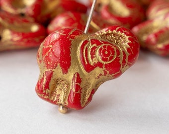 Lucky Czech Glass Elephant Beads -Czech Glass Beads For Jewelry Making - Czech Beads - Red With Gold Decor - Choose Amount