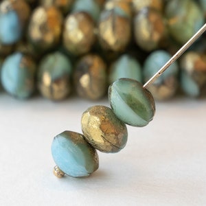 25 - 6x8mm Faceted Glass Rondelle Beads - Czech Glass Beads - Aqua Gold Matte - 25 beads