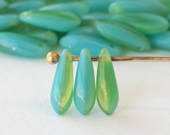 120 - 11mm Dagger Beads - Czech Glass Beads - Green Blue Mixed Glass - 120 beads