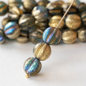 15 - 10mm Melon Beads For Jewelry Making - Czech Glass Melon - Czech Glass Beads - Teal With Etched Gold AB - 15 beads