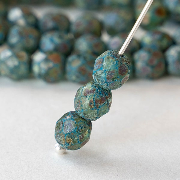 6mm Round Firepolished Glass Beads - Czech Glass Beads - Etched Steel Blue with a Picasso Finish - 25 beads