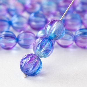 10mm Melon Beads - Czech Glass Melon Beads - 10mm Round Beads - Czech Glass Beads - Fluted Glass Beads - Purple Blue Luster AB