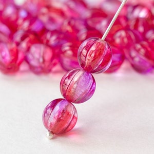 8mm Melon Beads For Jewelry Making - 8mm Round Beads - Czech Glass Beads - Fluted Glass Beads  (25 pieces)  - Pink Magenta Luster AB