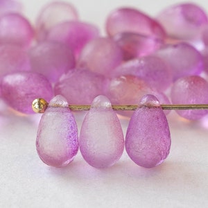 30 - 6x9mm Glass Teardrop Beads - Czech Glass Beads - Etched Pink - 30 Beads