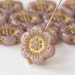 18mm Czech Flower Beads Anemone Beads - Czech Glass Beads  Hawaiian Flower - Pink Opaline with Gold Wash - 10 or 30