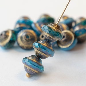 8x10mm Saturn Beads Czech Glass Beads Teal ands Sky Blue Etched with Gold 15 Beads image 1