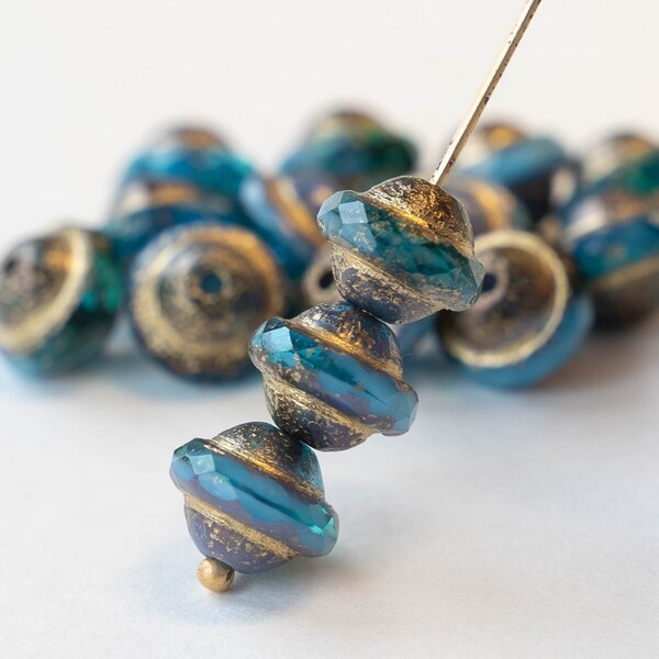 8x10mm Saturn Beads - Czech Glass Beads - Teal ands Sky Blue Etched with Gold - 15 Beads