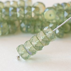 15 - 7mm Firepolished Glass Heishi Beads - Czech Glass Beads - Transparent Celadon Green AB - 15 Beads