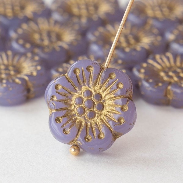 18mm Czech Flower Beads Anemone Beads - Czech Glass Beads  Hawaiian Flower - Opaline Lavender with Gold Wash