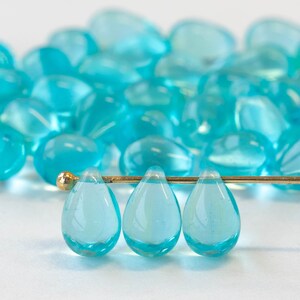 6x9mm Teardrop Beads For Jewelry Making - Czech Glass Beads - Pressed glass Beads - Light Aqua -  50 beads