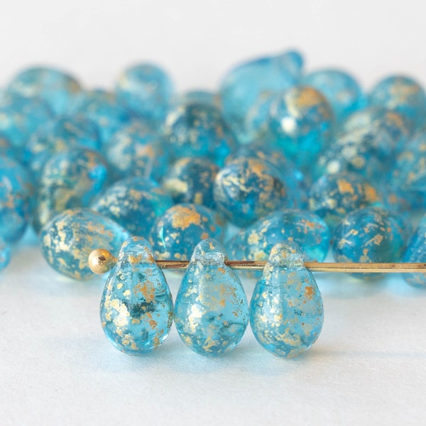 50 - 6x9mm Glass Teardrop Beads - Smooth Briolette Beads - Czech Glass Beads - Light Aqua Blue with Gold Dust - 50 beads