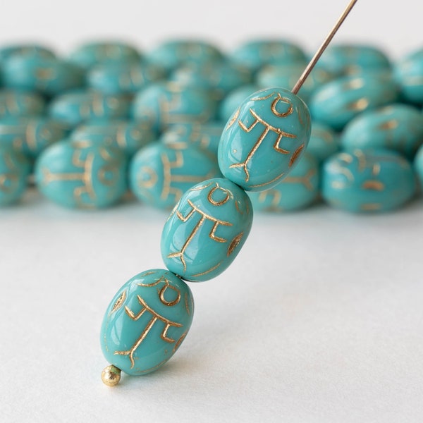 Glass Scarab Beads - Czech Glass Beads - 14x10mm -  Turquoise with Gold Wash - 8 beads