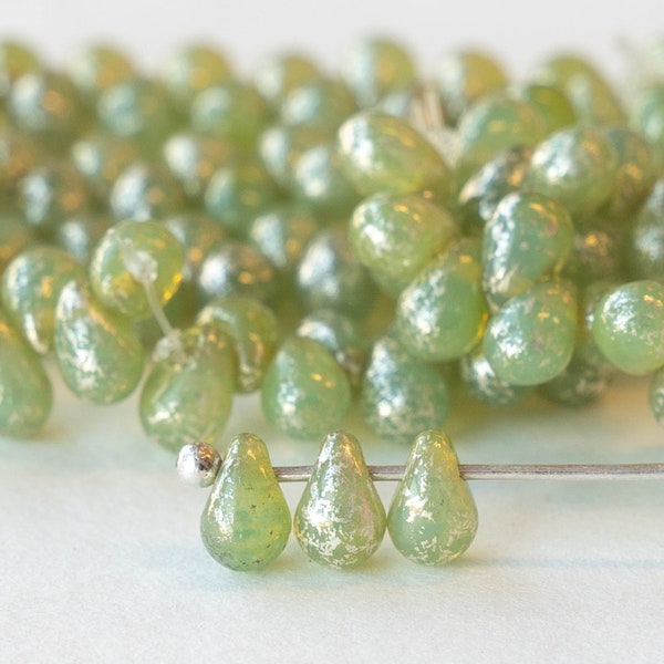 6x4mm Teardrop Beads - Czech Glass Beads For Jewelry Making Supply - 4x6mm Tear Drop Seafoam With Silver Dust (50 beads)