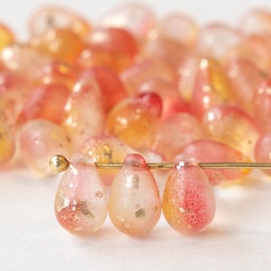 50 - 6x9mm Glass Teardrop Beads For Jewelry Making - Czech Glass Beads - Peach with Gold Dust - Smooth Briolette Beads - 50 beads