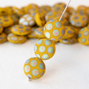 11mm Glass Coin Beads From Germany - Canary Yellow Matte with a Peacock Finish - 4 Beads