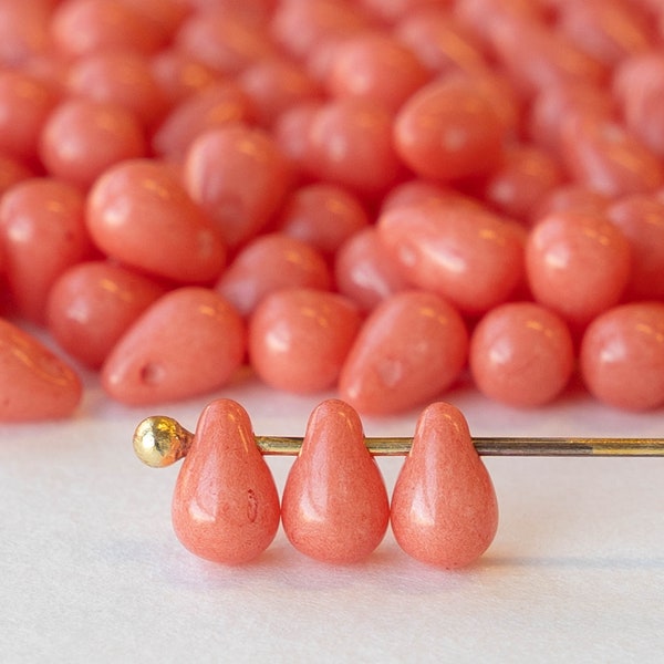 4x6mm Glass Teardrop Beads - Czech Glass Beads - Opaque Pink Coral - 100 Beads