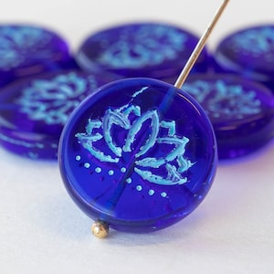 Lotus Flower Coin Beads - Czech Glass Beads For Jewelry Making - Yoga Beads Ohm - Blue and Aqua - 18mm Coin - Choose Amount