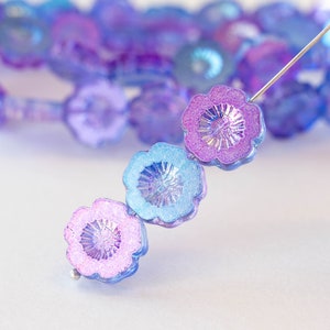 14mm Glass Flower Beads - Czech Glass Beads - Blue AB - 10 Beads