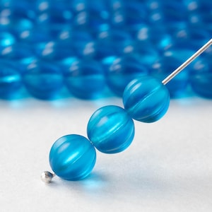 30 - 8mm Glass Melon Beads - Czech Glass Beads - Transparent Capri Blue - 30 beads