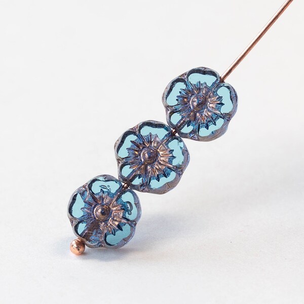 9mm Glass Flower Beads - Czech Glass Beads - Pale Transparent Blue with Copper Wash - 12 beads