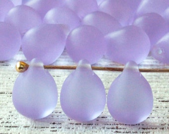 10x14mm Large Glass Teardrop Beads For Jewelry Making - Frosted Glass Beads -  Light Lilac Matte - Choose Amount - Smooth Briolette Beads