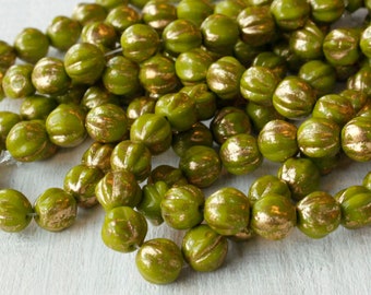 50 - 4mm Melon Beads - Czech Glass Beads - Green with Gold Dust - 50 Beads