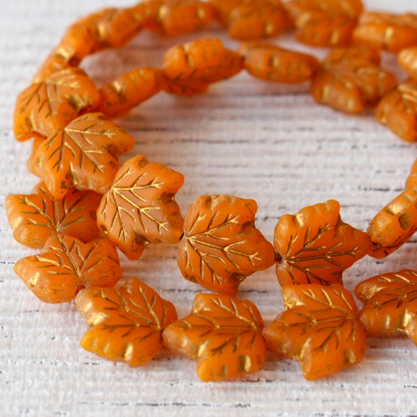 Glass Leaf Beads - Czech Glass Beads For Jewelry Making Supplies - Orange Fall Beads - 13mm Maple Leaf Beads - 15 Beads