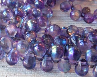 Small Czech Glass Faceted Thru Cut Teardrop Drop Bead Red Nebula 20 Beads Item 5837 8 x 6 mm