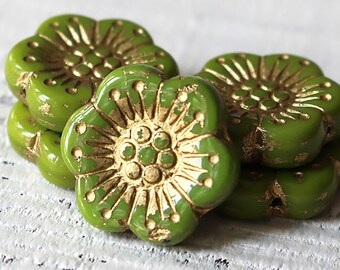 Anemone Beads - Czech Flower Beads - Jewelry Making Supply - 18mm Hawaiian Flower - Opaque Olive Green With Gold Decor - Choose Amount