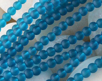 5mm Round Sea Glass Beads For Jewelry Making Supply - Recycled Frosted Glass Beads - Dark Teal - 16 Inches