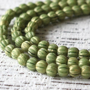 3mm Melon Beads 3mm - Czech Glass Beads For Jewelry Making Supply - Fluted Glass Melon - Avocado Green - 100 Beads