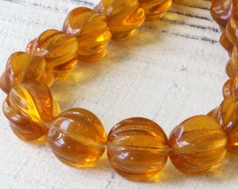 10mm Melon Bead - Czech Glass Beads For Jewelry Making Supply - Fluted 10mm Round  Beads - Czech Melon Beads (20 pieces)  Amber