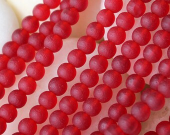 16 Inches - 5mm Round Sea Glass Beads For Jewelry Making Supply - Recycled Glass Beads - Frosted Glass Bead - Frosted Red