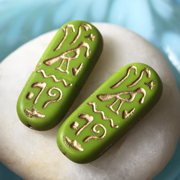 Czech Glass Beads - Jewelry Making Supplies - Egyptian Cartouche With Gold Inlay Hieroglyphics (4 beads)  25x10mm Opaque Lime Green