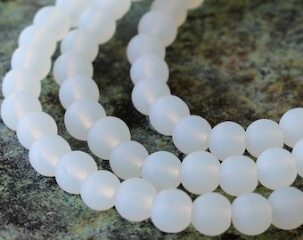 16 Inches - 5mm Round Sea Glass Beads For Jewelry Making Supply - Frosted Glass Bead - Recycled Glass Beads - Moonstone Opaline