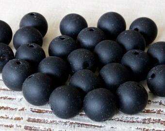 16 Inches - 8mm Round Sea Glass Beads For Jewelry Making Supply - Black Sea Glass - Black Matte Beads - Recycled Glass Beads